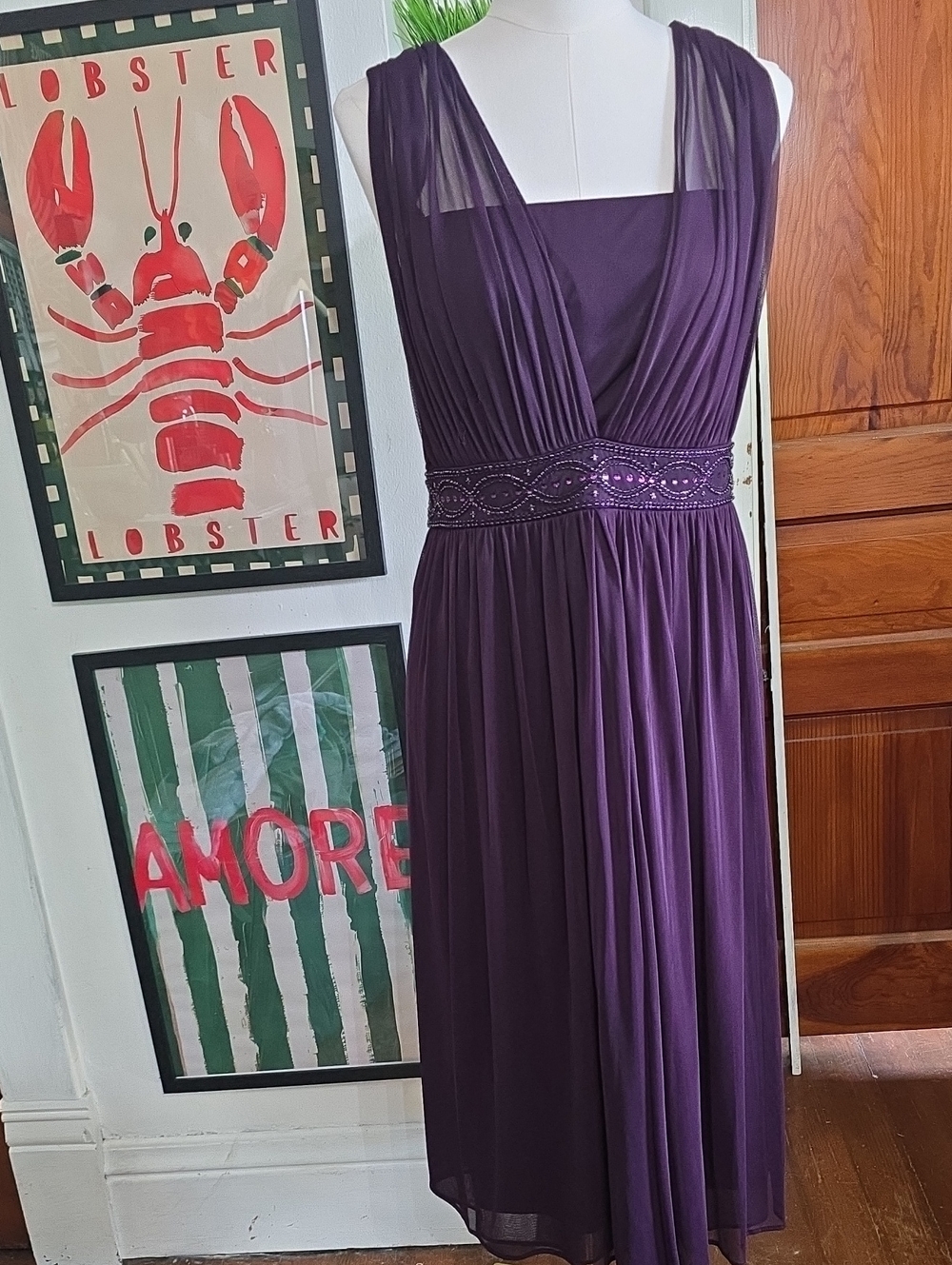 Jessica Howard Deep Plum Beaded Waist Midi Dress Cocktail Wedding 20w Plus